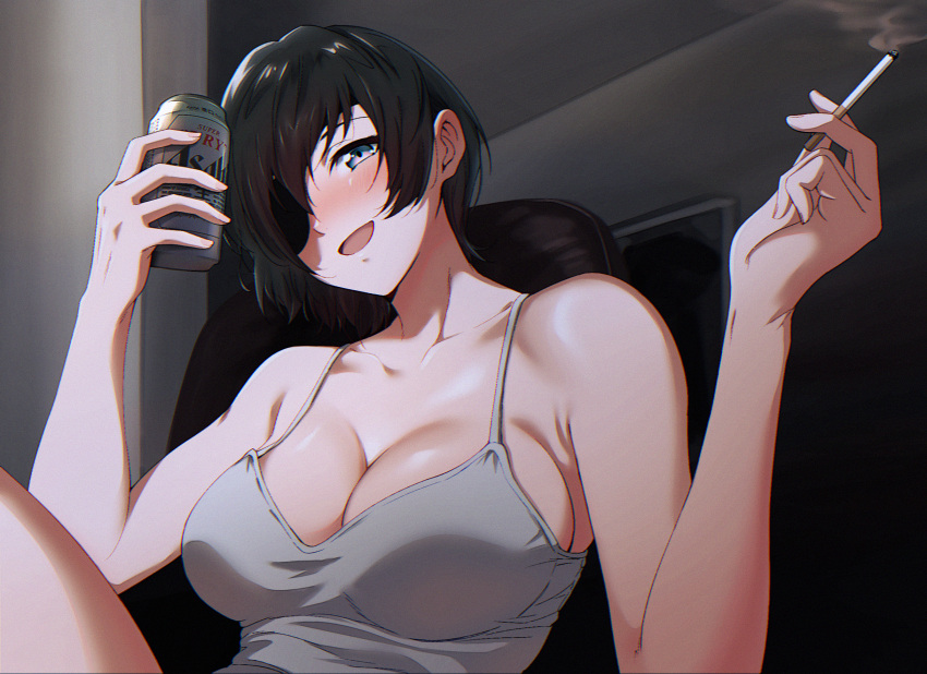 1girl asahi_breweries bare_shoulders beer_can black_hair blush breasts camisole can chainsaw_man cigarette cleavage collarbone drunk eyepatch grey_camisole head_tilt highres himeno_(chainsaw_man) holding holding_can holding_cigarette indoors large_breasts mtoan one_eye_covered smile smoking solo upper_body