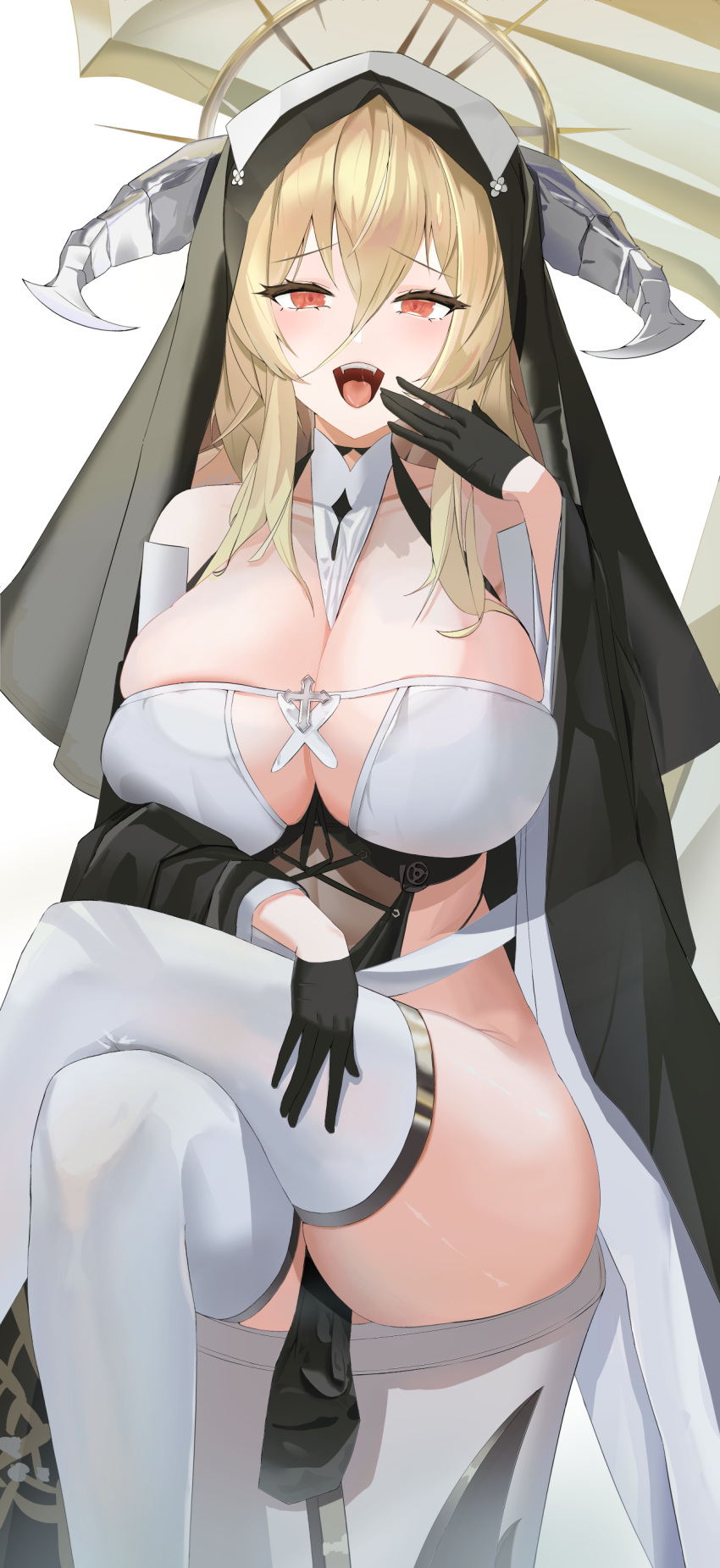 1girl absurdres azur_lane bare_shoulders between_breasts black_gloves blonde_hair blush breasts collarbone crossed_legs gloves habit hair_between_eyes highres horns huge_breasts implacable_(azur_lane) laughing long_hair looking_at_viewer nun ojou-sama_pose open_mouth pelvic_curtain red_eyes revealing_clothes sitting solo thighhighs thighs veil white_thighhighs wynnblue