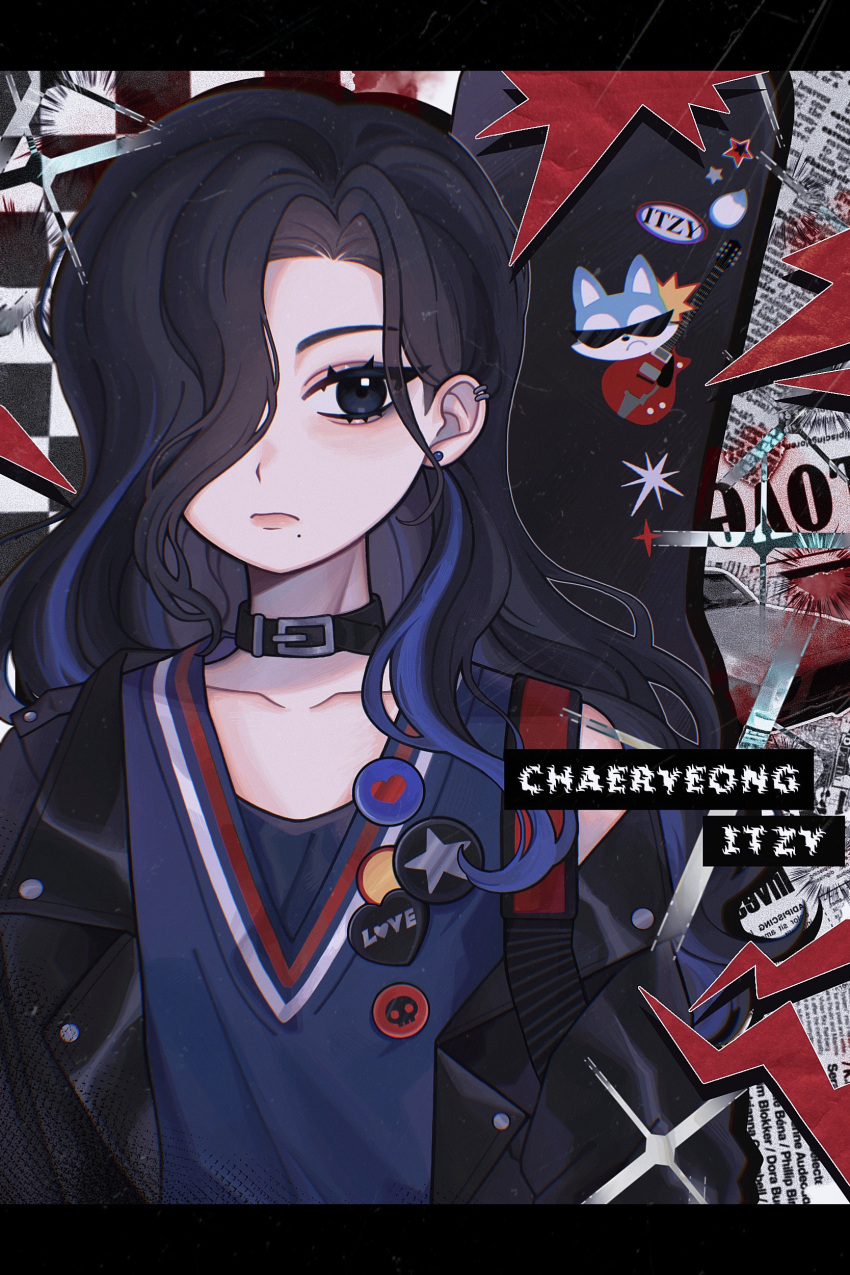 1girl absurdres black_collar black_hair black_jacket blue_hair blue_shirt chaeryeong_(itzy) chung-ee_(itzy) collar collarbone copyright_name earrings frown hair_behind_ear highres itzy jacket jewelry k-pop letterboxed looking_at_viewer mole mole_under_mouth multicolored_hair o_bianyi_didi_shu_o off_shoulder real_life shirt sleeveless sleeveless_shirt solo streaked_hair