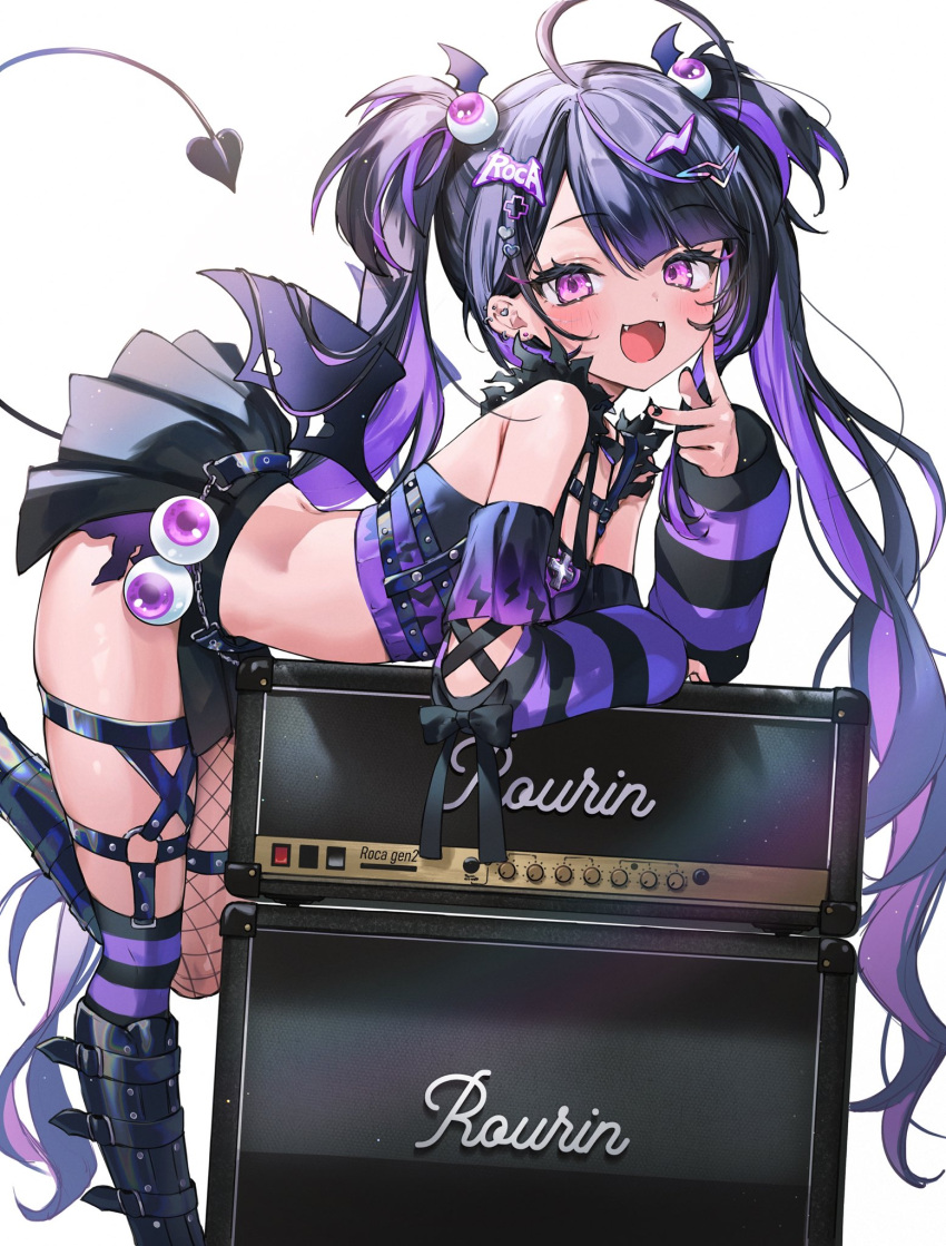 1girl amplifier bat_hair_ornament black_hair crop_top demon_girl demon_tail demon_wings detached_sleeves ear_piercing hair_ornament hairclip highres industrial_piercing legwear_garter long_hair multicolored_hair nekoyashiki_pushio open_mouth original piercing pink_hair purple_hair simple_background single_fishnet_legwear skirt skirt_set smile solo tail two-tone_hair white_background wings