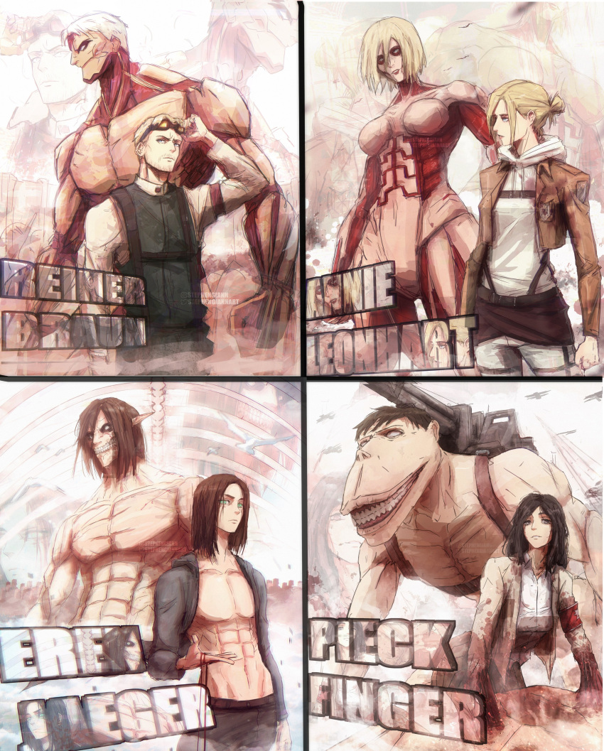 2boys 2girls absurdres annie_leonhardt armband armored_titan bare_pectorals black_eyes black_hair blood blood_on_hands breasts brown_hair cart_titan character_name eren_yeager female_titan founding_titan giant giant_male giantess goggles goggles_on_head highres long_hair looking_at_viewer multiple_boys multiple_girls official_alternate_costume pectorals pieck_finger reiner_braun ribs rogue_titan shingeki_no_kyojin shirt short_hair spoilers stephengiannart titan_(shingeki_no_kyojin) toned toned_male