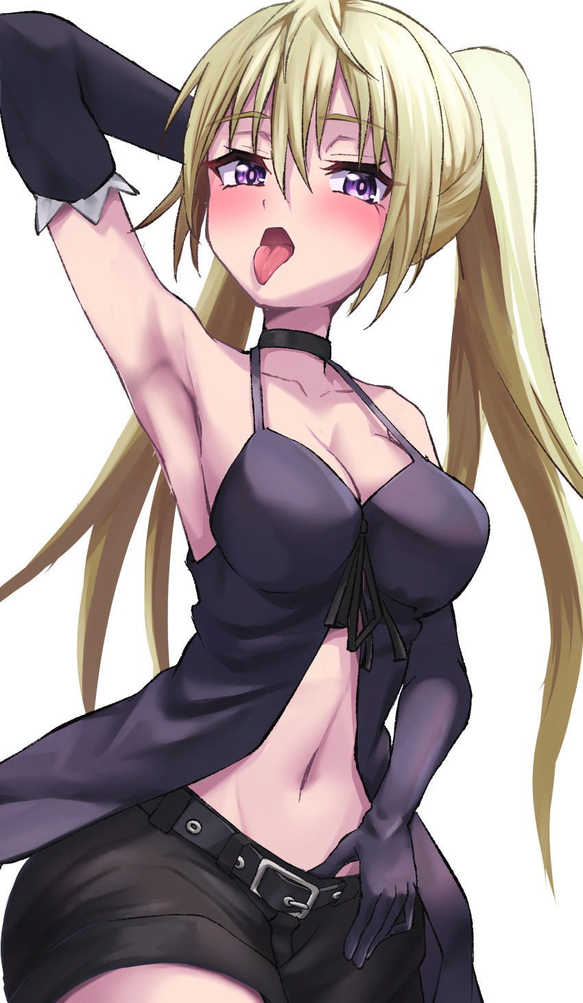 1girl absurdres arm_up armpits ars_rg0412 bare_shoulders belt black_belt black_choker black_dress black_gloves black_shorts blonde_hair blush breasts choker cleavage collarbone commentary cowboy_shot dress elbow_gloves gloves groin hair_between_eyes highres large_breasts lieselotte_sherlock long_hair looking_at_viewer navel open_mouth purple_eyes short_shorts shorts sidelocks simple_background sleeveless sleeveless_dress solo standing stomach tongue tongue_out trinity_seven twintails white_background