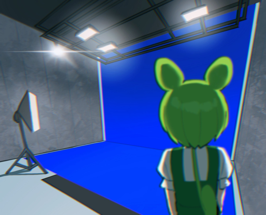 1girl backlighting blurry blurry_foreground ceiling_light facing_away from_behind green_hair green_overalls green_screen highres indoors long_hair low_ponytail okepi puffy_short_sleeves puffy_sleeves shirt short_sleeves solo studio studio_lights voicevox white_shirt zundamon