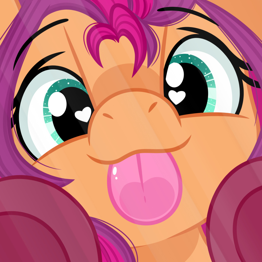 breaking_the_fourth_wall digital_media_(artwork) earth_pony emberslament equid equine eyebrows eyelashes female green_eyes hair hasbro hi_res hooves horse licking looking_at_viewer mammal mlp_g5 multicolored_hair my_little_pony orange_body pink_hair pink_tongue pony purple_hair smile solo sunny_starscout_(mlp) tongue tongue_out two_tone_hair