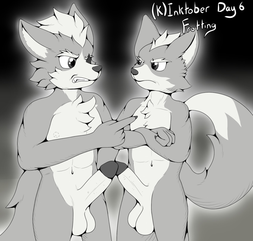anthro black_and_white canid canine canis crossed_arms duo erection fox fox_mccloud foxkai frottage genitals gesture hi_res inktober inktober_2023 kinktober male male/male mammal monochrome nintendo nude nude_anthro nude_male penis pointing sex star_fox wolf wolf_o'donnell