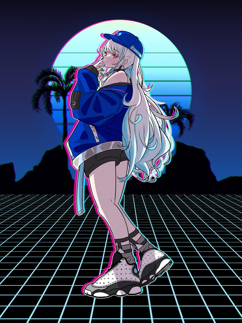 1girl absurdres air_jordan_13 baseball_cap belt black_choker blue_hair blue_jacket blush choker full_body gradient_background gradient_hair graffiti hat highres jacket lize_helesta lize_helesta_(9th_costume) long_hair long_sleeves lozi multicolored_hair nijisanji off_shoulder open_clothes open_jacket palm_tree ponytail red_eyes sebastian_piyodore shirt shoes sideways sideways_glance sitting skateboard sleeveless sleeveless_shirt sleeves_past_wrists sneakers solo standing standing_on_one_leg synthwave tree vaporwave virtual_youtuber white_hair white_shirt wireframe