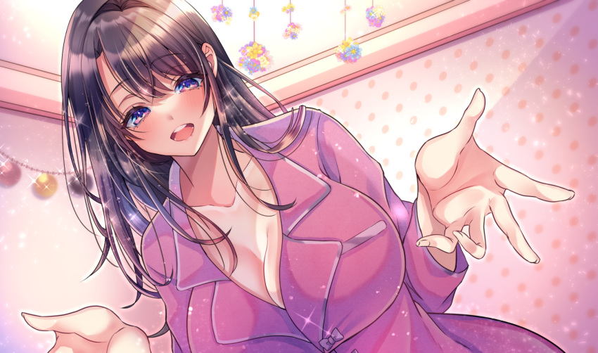 1girl aizawa_chihiro bauble blue_flower bow breasts brown_hair cleavage collarbone flower large_breasts long_hair official_art open_mouth original pajamas pink_bow pink_flower pink_pajamas polka_dot purple_eyes purple_flower reaching reaching_towards_viewer solo teeth wallpaper_(object) yellow_flower