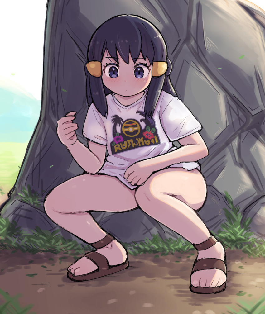 1girl akari_(pokemon) bare_legs black_hair blush brown_footwear closed_mouth commentary_request day eyelashes full_body grey_eyes hair_ornament hairclip highres kutabireta_neko long_hair looking_down outdoors pokemon pokemon_(game) pokemon_legends:_arceus rock sandals shirt short_sleeves sidelocks solo squatting t-shirt white_shirt