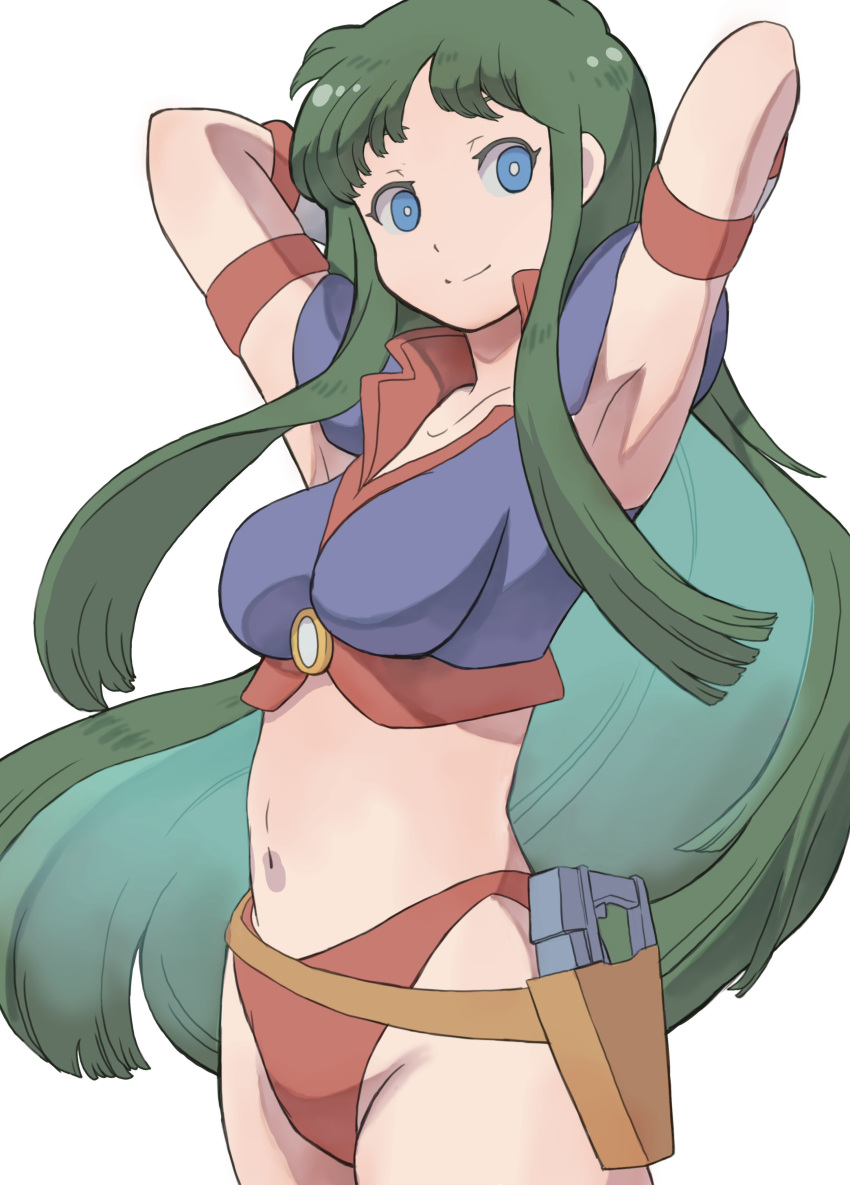 1girl absurdres armpits arms_behind_head arms_up belt bikini bikini_top_only blue_eyes breasts elbow_gloves energy_gun gloves green_hair highres holster k_katora long_hair midriff navel pink_gloves purple_shirt red_bikini reika_(time_gal) shirt smile solo stomach swimsuit thighs time_gal weapon white_gloves