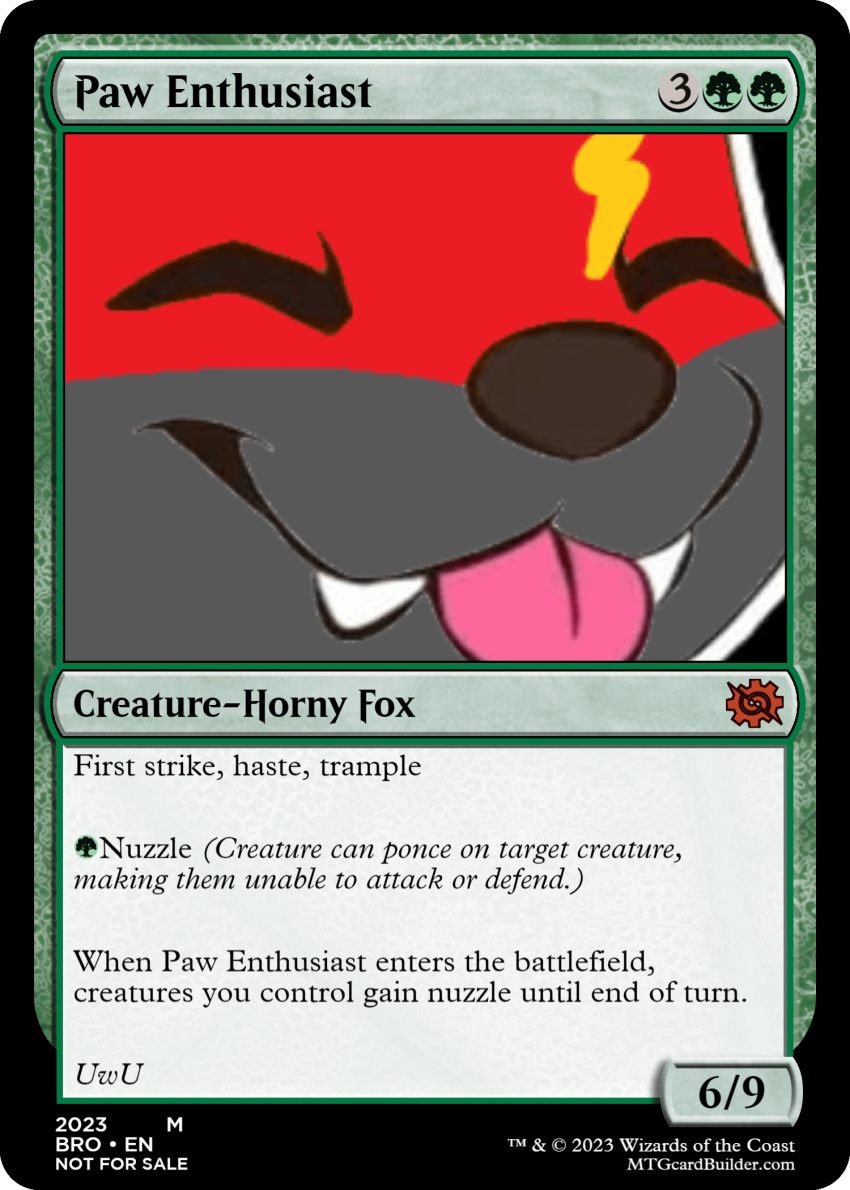 2023 ambiguous_gender anthro aroused black_nose blep blonde_highlights canid canine card_game card_template eyes_closed fox fur gaming grey_body grey_fur hasbro hi_res highlights_(coloring) magic:_the_gathering mammal nuzzles paw_enthusiast portrait red_body red_fur smile smiling_at_viewer solo tongue tongue_out trading_card_game trading_card_template tuxedo_space_cowboy uwu wizards_of_the_coast