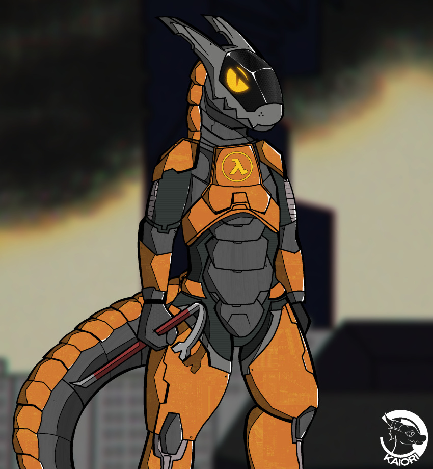 anthro armor big_tail breastplate city half-life hev_suit hi_res kaiori lambda machine male orange_body robot simple_background solo synth_(vader-san) synthetic tail visor