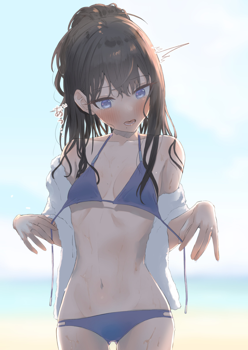 1girl absurdres ass_visible_through_thighs bikini black_hair blue_bikini blush breasts breasts_apart collarbone cowboy_shot highres idolmaster idolmaster_shiny_colors kazano_hiori looking_down mole mole_under_mouth outdoors ponytail purple_eyes small_breasts solo surprised swimsuit thighhighs umirororo untied untied_bikini white_towel