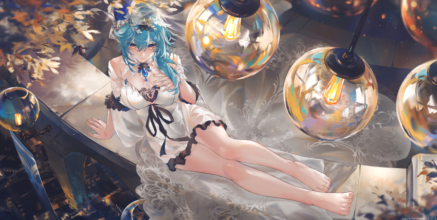 1girl absurdres alternate_costume arm_support barefoot black_hairband blue_gemstone blue_hair bridge closed_mouth dated dress eula_(genshin_impact) expressionless feet from_above full_body gem genshin_impact gradient_eyes hairband highres knees_together_feet_apart lamp legs long_hair looking_at_viewer multicolored_eyes night orange_eyes outdoors purple_eyes signature solo swkl:d toenails toes veil white_dress