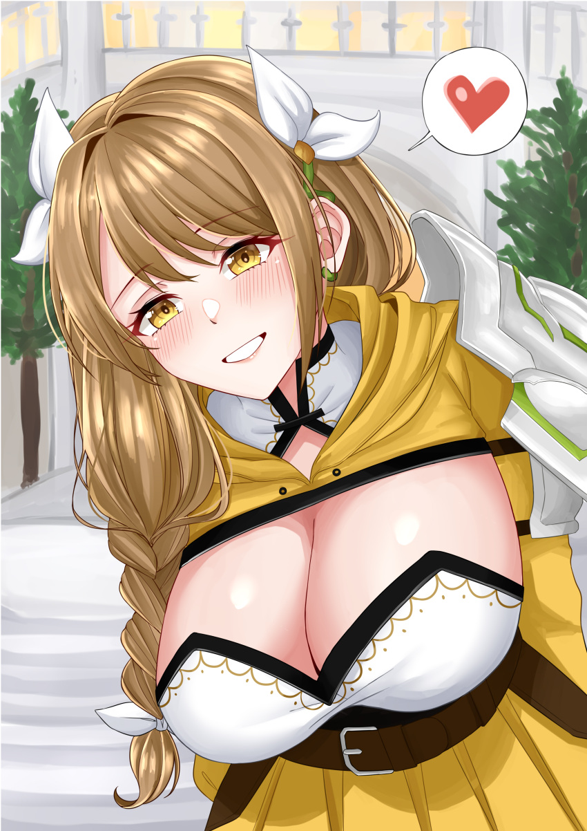 1girl absurdres belt belt_buckle blush braid breasts brown_belt brown_hair buckle cleavage commentary dress fire_emblem fire_emblem_engage goldmary_(fire_emblem) grin hair_intakes hair_ornament hair_ribbon heart highres large_breasts long_hair looking_at_viewer ribbon rynn_(darknescorez) shoulder_pads side_braid single_shoulder_pad smile solo swept_bangs tree two-tone_dress white_dress white_ribbon yellow_dress yellow_eyes