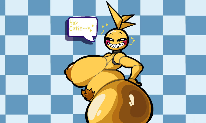&lt;3 animatronic anthro areola avian beakless big_breasts big_butt bird black_sclera breasts brown_areola brown_nipples butt chicken cumlord english_text female five_nights_at_freddy's five_nights_at_freddy's_2 galliform gallus_(genus) hi_res huge_breasts huge_butt looking_at_viewer machine nipples non-mammal_breasts nude phasianid pubes robot scottgames side_boob smile solo speech_bubble text toy_chica_(fnaf) white_eyes