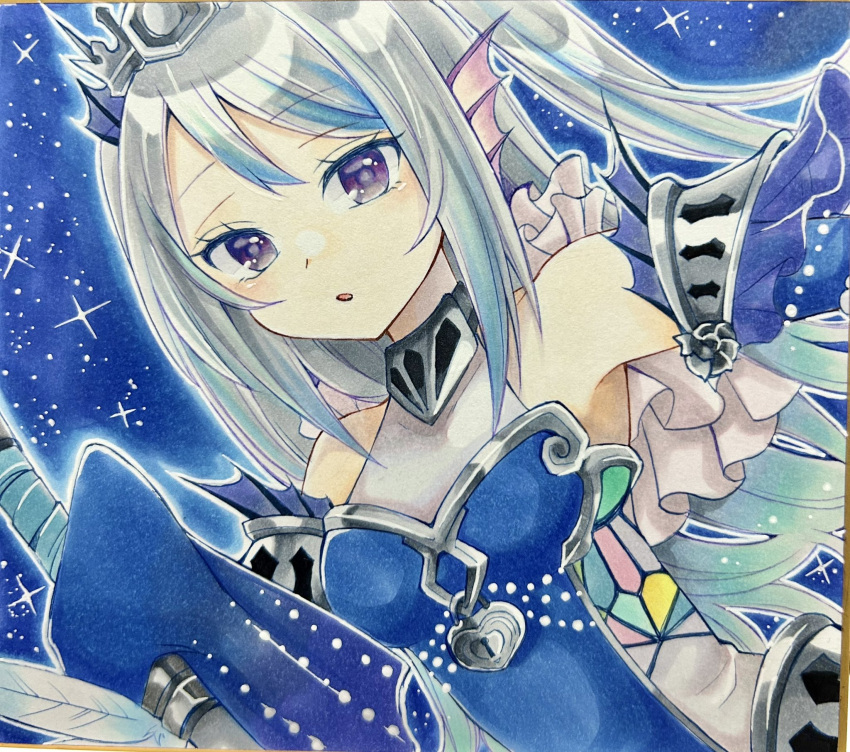 1girl blue_background blue_dress blush dress duel_monster fins grey_hair head_fins highres holding holding_sword holding_weapon long_hair marker_(medium) outline parted_lips purple_eyes putitoma96 sky sleeves_past_wrists solo star_(sky) starry_sky sword tearlaments_scheiren tiara traditional_media twintails weapon white_outline yu-gi-oh!