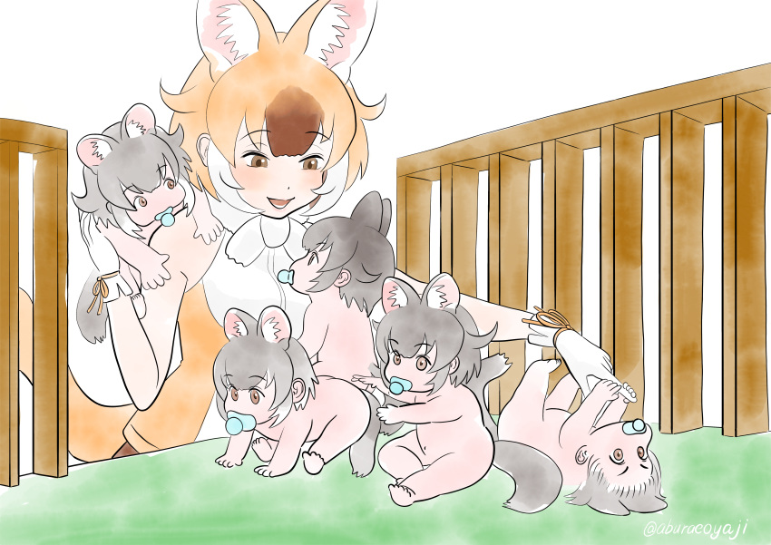 1girl 5others absurdres aburaeoyaji animal_ears baby baby_carry brown_eyes brown_hair carrying crib dhole_(kemono_friends) dog_ears dog_girl dog_tail extra_ears fur_collar gloves grey_hair highres holding_baby kemono_friends kemono_friends_3 mother_and_child multiple_others pacifier playing shirt sleeveless sleeveless_shirt tail