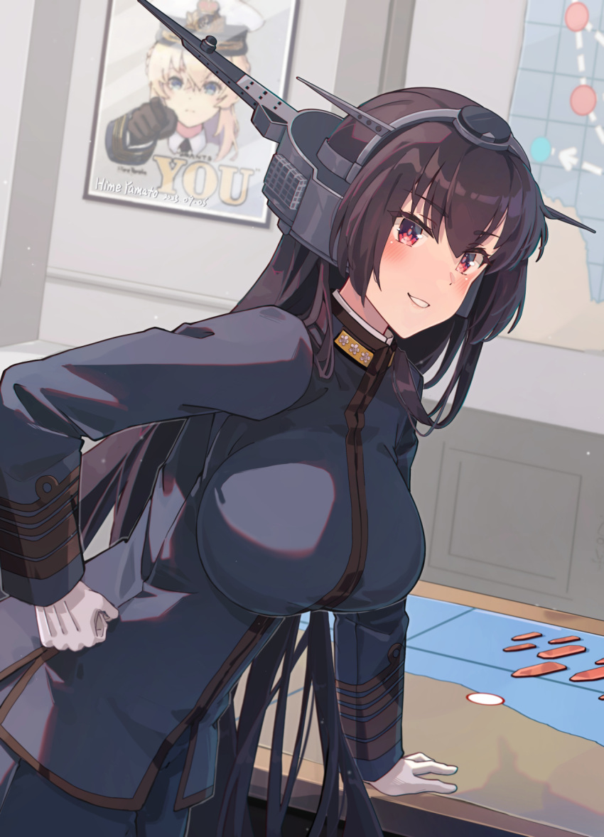 1girl alternate_costume artist_name black_hair black_necktie blue_jacket blue_pants breasts buttons collared_shirt commentary_request dated double-breasted gloves headgear highres himeyamato i_want_you jacket kantai_collection large_breasts long_hair long_sleeves map military_uniform nagato_(kancolle) naval_uniform necktie pants red_eyes shirt short_hair sitting solo_focus standing uniform very_long_hair warspite_(kancolle) white_gloves white_shirt