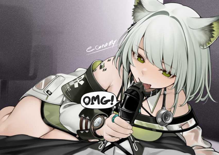 1boy 1girl animal_ears arknights breasts cat_ears chair coat commentary dark_background detached_collar detached_sleeves doctor_(arknights) dress e_draw_paint feet_out_of_frame green_dress green_eyes hair_intakes hetero jewelry kal'tsit_(arknights) lab_coat licking light_green_hair looking_at_viewer lying male_doctor_(arknights) medium_breasts office_chair on_side open_mouth oripathy_lesion_(arknights) pov ring see-through see-through_sleeves sexually_suggestive signature sleeveless sleeveless_dress solo_focus speech_bubble stethoscope swivel_chair tongue tongue_out watch white_coat wristwatch