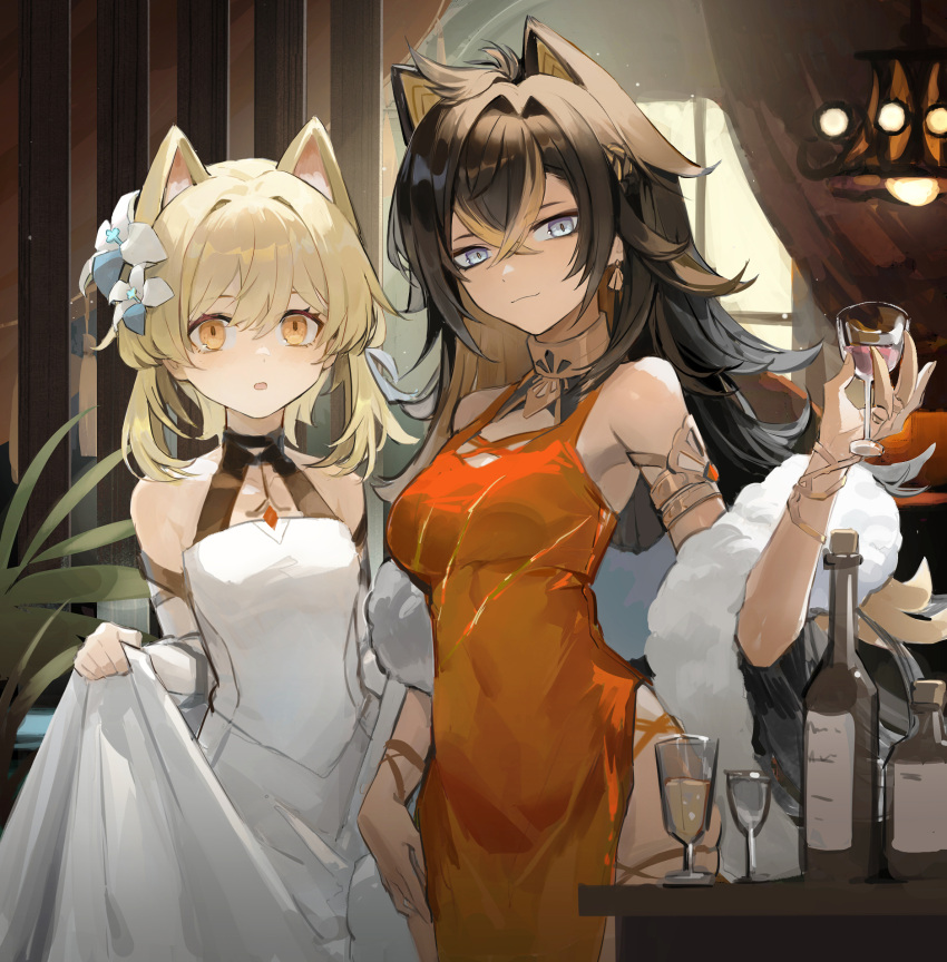 2girls :o acryyy animal_ears bare_shoulders black_hair blue_eyes bottle brown_hair cat_ears claw_ring closed_mouth colored_inner_hair commentary_request corked_bottle cowboy_shot crossed_bangs curtains dehya_(genshin_impact) dress earrings flower fur_shawl genshin_impact hair_flower hair_ornament highres indoors jewelry kemonomimi_mode long_hair looking_at_viewer lumine_(genshin_impact) multicolored_hair multiple_girls orange_eyes red_dress shawl side_slit skirt_hold sleeveless sleeveless_dress smile streaked_hair white_dress white_flower white_shawl white_sleeves