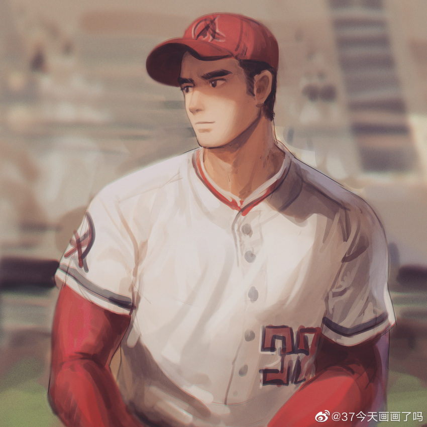 1boy bara baseball baseball_cap hat highres light_frown looking_to_the_side male_focus original short_hair sideburns solo steve_zheng thick_eyebrows toned toned_male upper_body