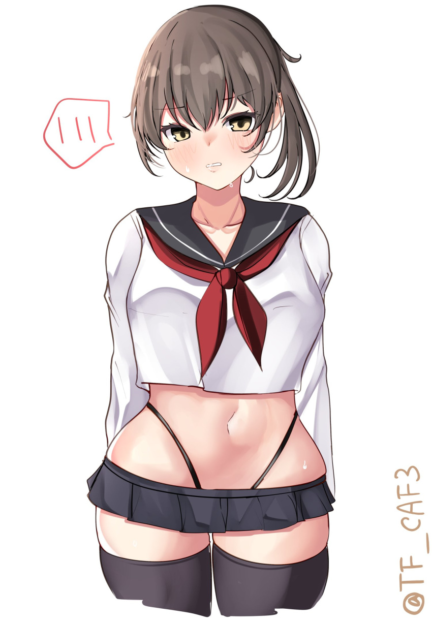 1girl alternate_costume black_skirt black_thighhighs blush breasts brown_hair commentary_request cowboy_shot cropped_legs highleg highleg_panties highres kaga_(kancolle) kantai_collection long_sleeves medium_breasts microskirt midriff navel neckerchief one-hour_drawing_challenge panties parted_lips pleated_skirt red_neckerchief school_uniform serafuku shirt short_hair simple_background skirt solo spoken_blush sweat tf_cafe thighhighs twitter_username underwear white_background white_shirt