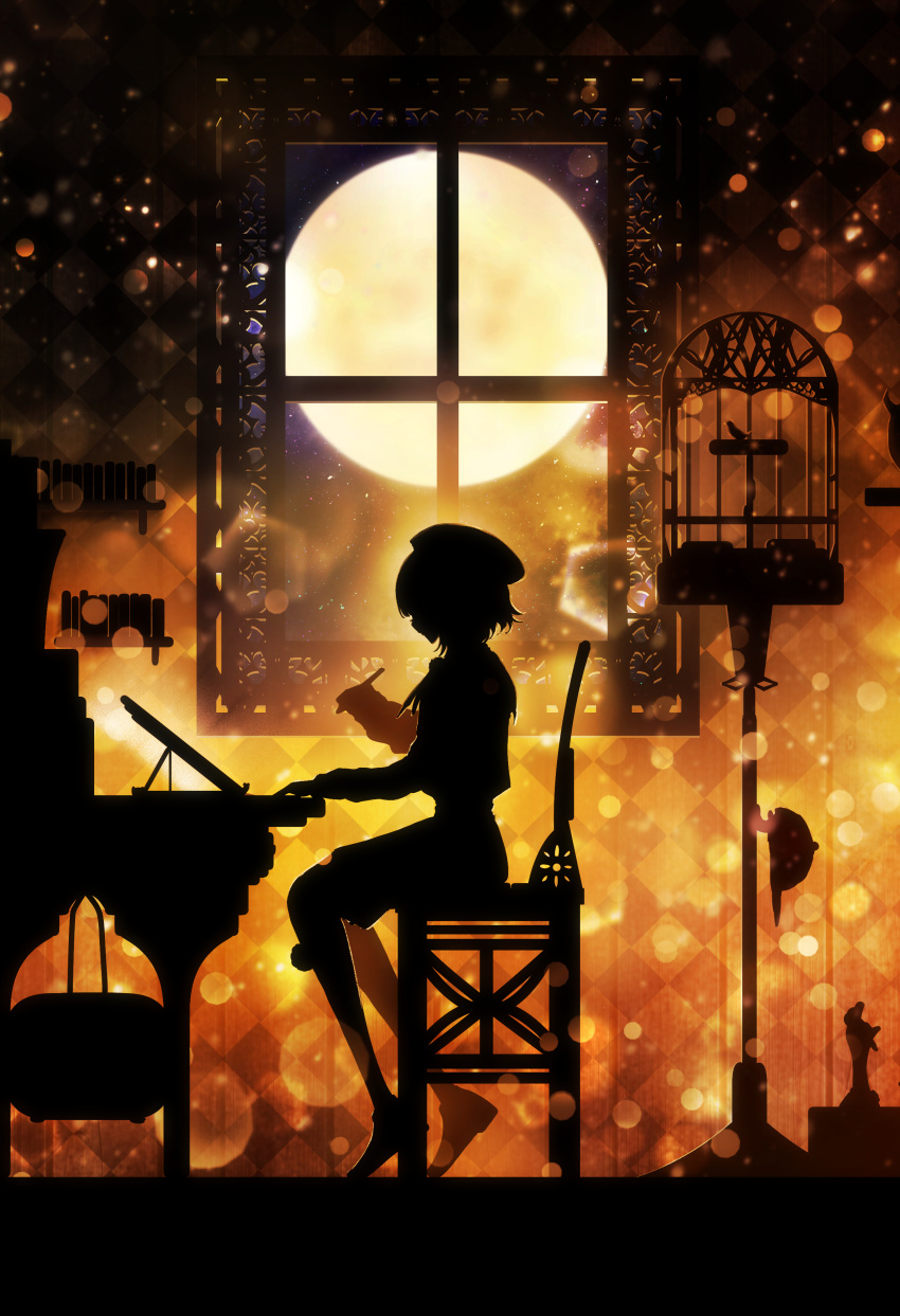 1girl absurdres arima_kana beret birdcage bob_cut cage from_side full_moon harada_miyuki hat highres holding holding_pen inverted_bob moon oshi_no_ko pen school_uniform shadow short_hair sitting solo window youtou_high_school_uniform