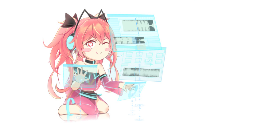 1girl ;q absurdres animal_ear_headphones animal_ears black_bow blush_stickers bow cat_ear_headphones collar detached_sleeves dress fake_animal_ears hair_between_eyes headphones heart heart-shaped_pupils highres hologram kuzumi_(phigros) looking_at_viewer notere off-shoulder_dress off_shoulder one_eye_closed open_hand phigros pink_dress pink_eyes pink_hair pink_skirt red_eyes see-through see-through_skirt skirt smile solo symbol-shaped_pupils tongue tongue_out twintails