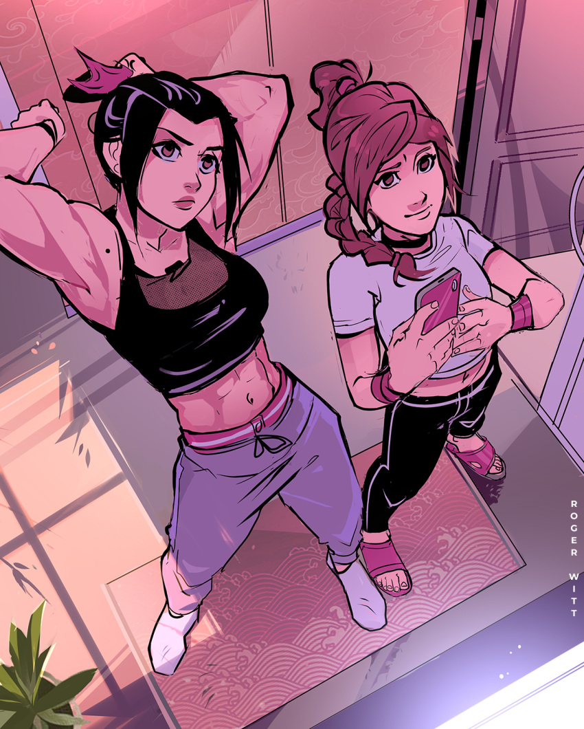 2girls arms_up artist_name avatar:_the_last_airbender avatar_legends azula black_hair bracelet braid braided_ponytail brown_eyes brown_hair carpet cellphone contemporary crop_top from_above highres holding holding_phone jewelry looking_up mole mole_on_armpit multiple_girls muscular muscular_female navel open_door pants phone plant ponytail rogerwitt sandals shadow shirt short_sleeves sleeveless sleeveless_shirt stretching toned topknot track_pants ty_lee white_shirt