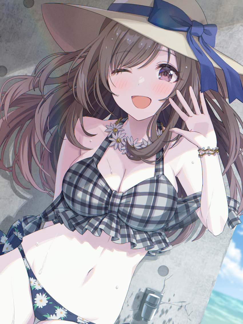 1girl ;d absurdres bikini blush bracelet breasts brown_hair cleavage commentary_request flower flower_necklace grey_bikini hand_up hat highres idolmaster idolmaster_shiny_colors jewelry long_hair looking_at_viewer medium_breasts momomoi_momoi navel one_eye_closed open_mouth plaid plaid_bikini purple_eyes smile solo swimsuit tsukioka_kogane yellow_headwear