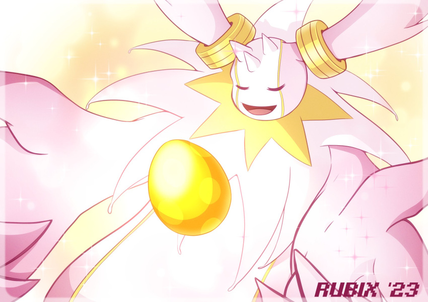 anthro bandai_namco capnii cherubimon cherubimon_(good) digimon digimon_(species) egg eyes_closed glowing glowing_body hi_res holy light long_ears pink_body ring solo