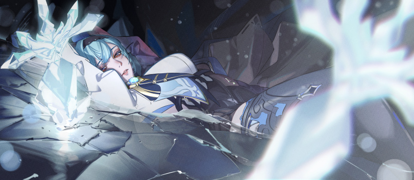 1girl absurdres arms_up black_footwear black_hairband blue_gloves blue_hair blue_necktie boots chest_harness crystal_sword eula_(genshin_impact) feet_out_of_frame film_grain genshin_impact gloves hairband harness high-waist_shorts highres ice_shard juliet_sleeves ki_(kai_oekakikun) lips long_sleeves looking_to_the_side lying medium_hair necktie on_back parted_lips partially_submerged puffy_sleeves shorts solo sword thigh_boots two-tone_gloves vision_(genshin_impact) weapon white_sleeves wide_sleeves