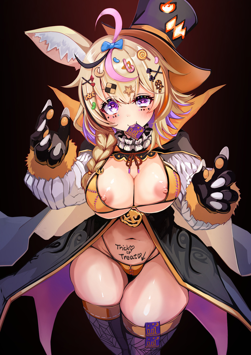 1girl animal_ears bikini black_background black_hair blonde_hair blush body_writing braid breasts condom condom_in_mouth condom_wrapper facial_mark fox_ears fur_trim gloves hair_ornament hat heart heart_in_eye highres hololive kajimakoto long_hair looking_at_viewer mouth_hold multicolored_hair navel nipple_slip nipples omaru_polka orange_bikini pink_hair purple_eyes purple_hair purple_thighhighs simple_background smile solo swimsuit symbol_in_eye thigh_gap thighhighs top_hat virtual_youtuber