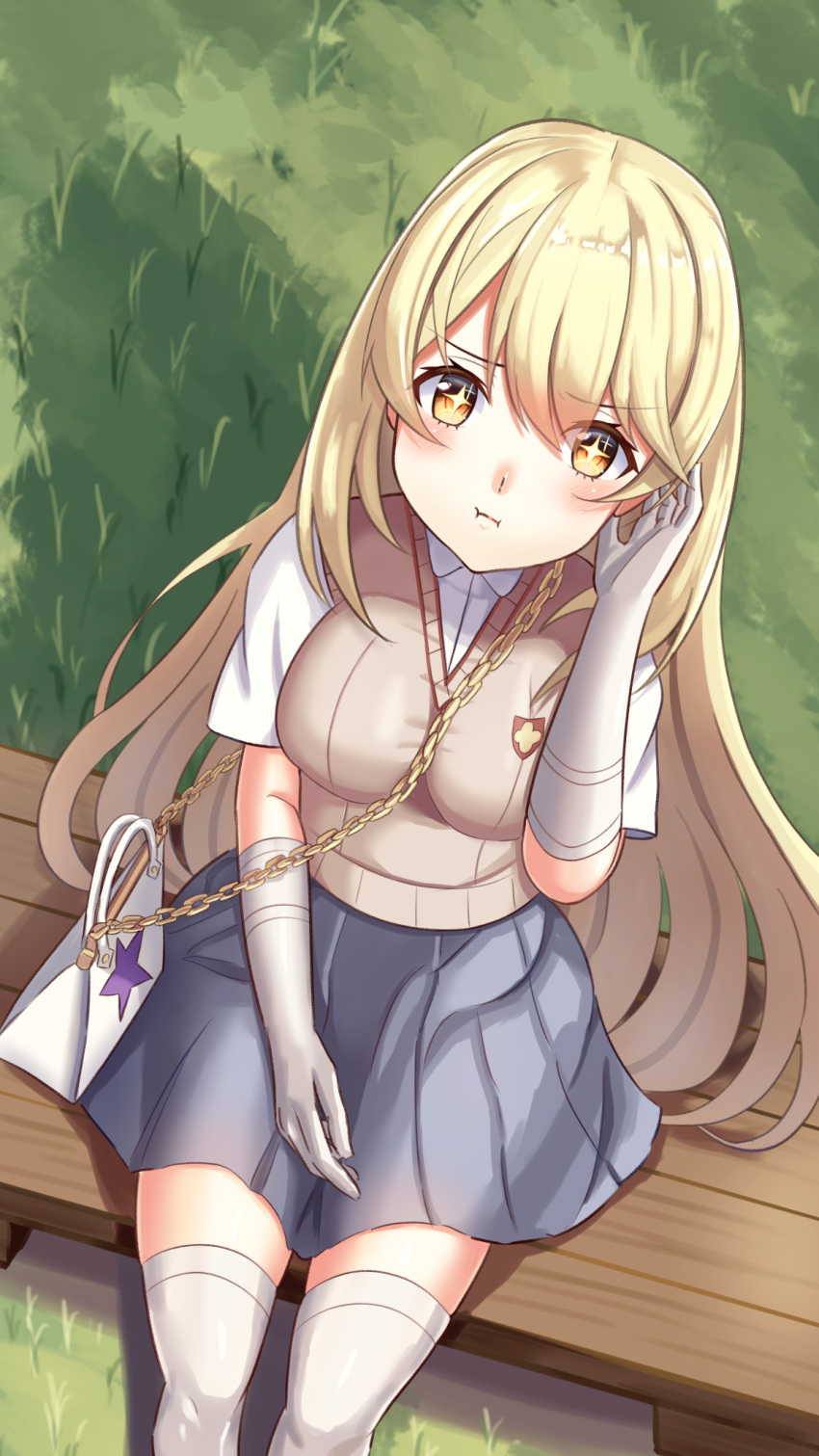 1girl adjusting_hair amai_to_mato bag blonde_hair breasts brown_sweater_vest collared_shirt commentary elbow_gloves feet_out_of_frame gloves grey_skirt hair_between_eyes handbag highres large_breasts light_blush long_hair looking_at_viewer looking_up outdoors pleated_skirt pout school_emblem school_uniform shadow shirt shokuhou_misaki short_sleeves sitting_on_bench skirt solo sparkling_eyes star_(symbol) star_print summer_uniform sweater_vest thighhighs toaru_kagaku_no_mental_out toaru_kagaku_no_railgun toaru_majutsu_no_index tokiwadai_school_uniform very_long_hair white_gloves white_shirt white_thighhighs yellow_eyes