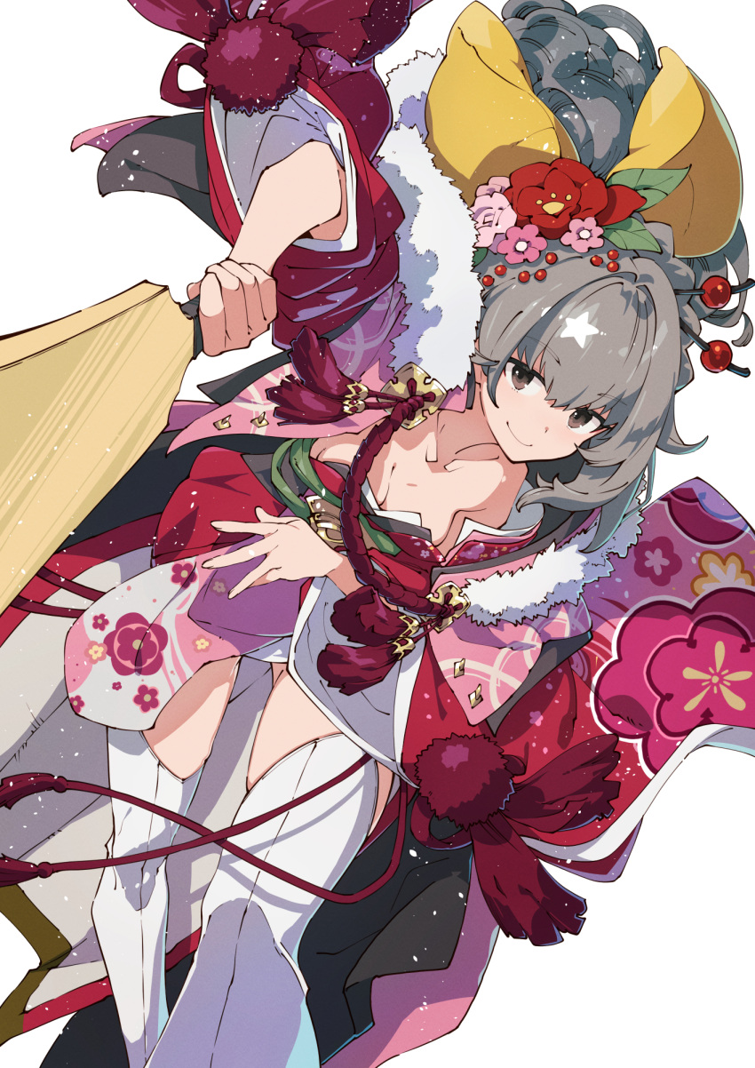1girl arm_up bare_shoulders breasts brown_eyes character_request closed_mouth collarbone commission dutch_angle feet_out_of_frame floral_print flower fur_trim grey_hair grey_kimono hair_between_eyes hair_flower hair_intakes hair_ornament highres holding japanese_clothes kimono long_hair looking_at_viewer medium_breasts multicolored_clothes multicolored_kimono off_shoulder pink_flower pink_kimono print_kimono red_flower red_kimono sidelocks simple_background sin_chronicle skeb_commission smile solo tassel thighhighs thighs ushiki_yoshitaka white_background white_thighhighs wide_sleeves