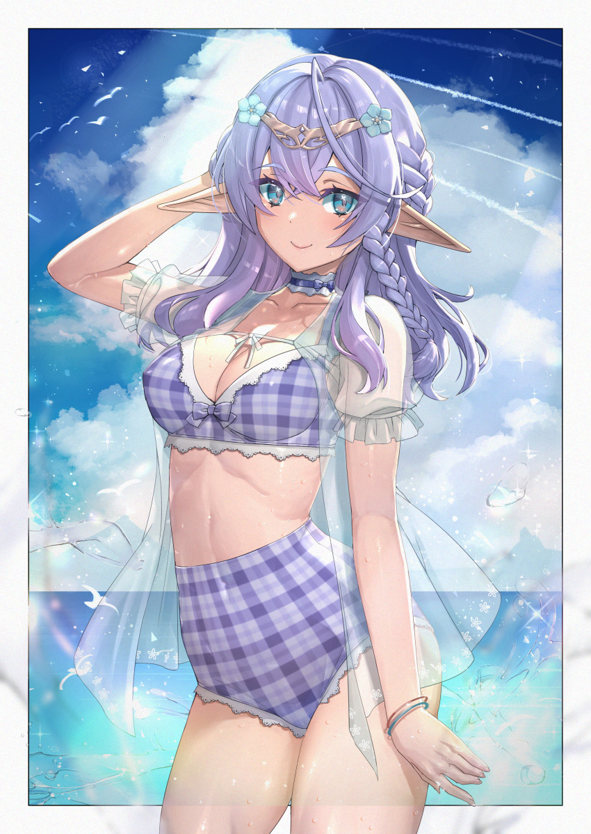 1girl absurdres arm_at_side bikini blue_eyes blue_sky border bracelet braid braided_sidelock breasts cleavage cloud cloudy_sky collarbone commission cowboy_shot cowlick day diadem elf groin hair_between_eyes hand_in_own_hair highres horizon ichihachiyon jewelry large_breasts legs_apart long_hair mountainous_horizon original outdoors outside_border pixiv_commission plaid plaid_bikini pointy_ears purple_bikini purple_hair sidelocks silhouette sky solo stomach straight_hair swimsuit thick_thighs thighs virtual_youtuber white_border