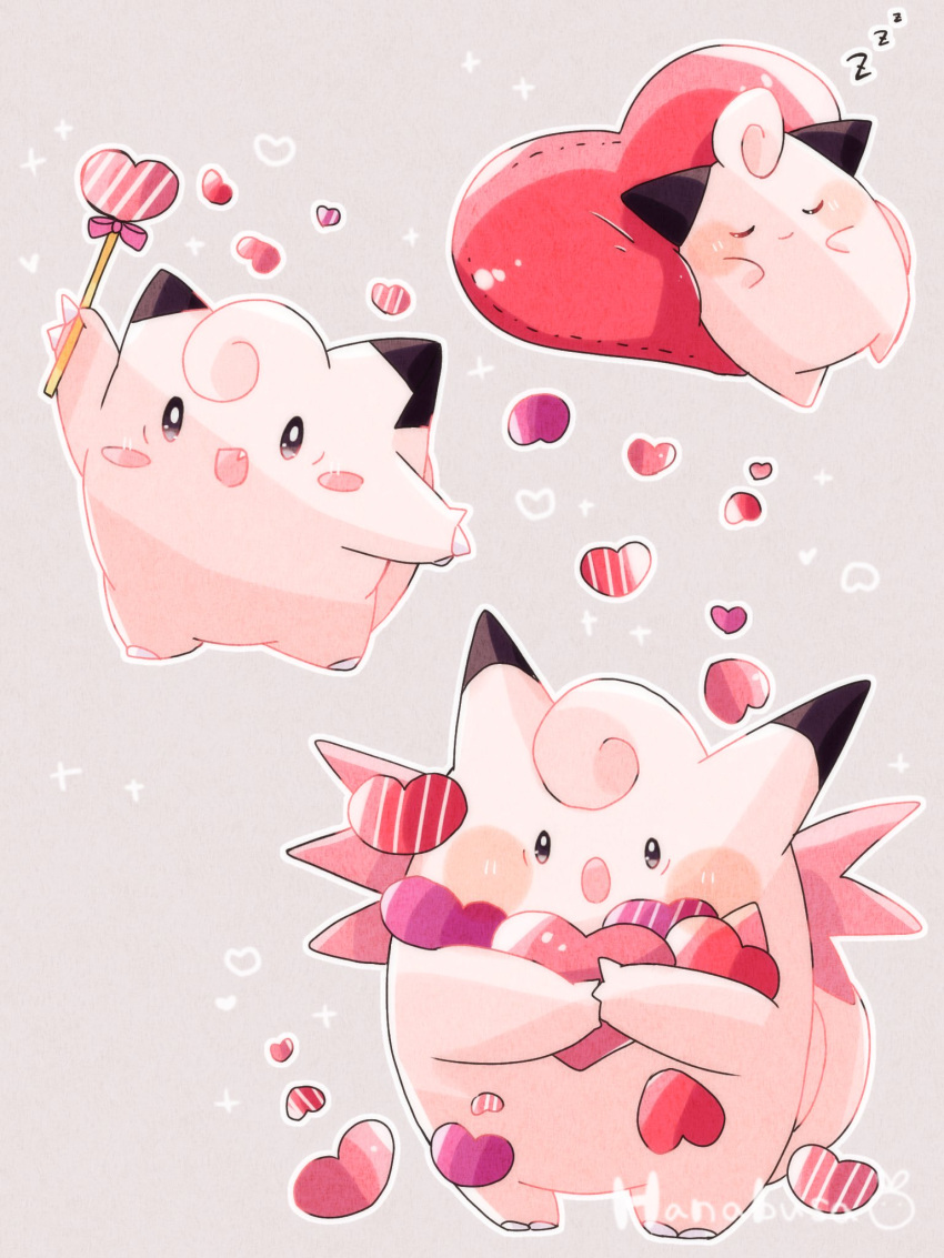 :o animal_focus artist_name clefable clefairy cleffa closed_eyes colored_skin evolutionary_line fang grey_background hanabusaoekaki heart highres holding holding_wand no_humans pink_skin pokemon pokemon_(creature) simple_background sleeping smile solid_oval_eyes sparkle wand zzz