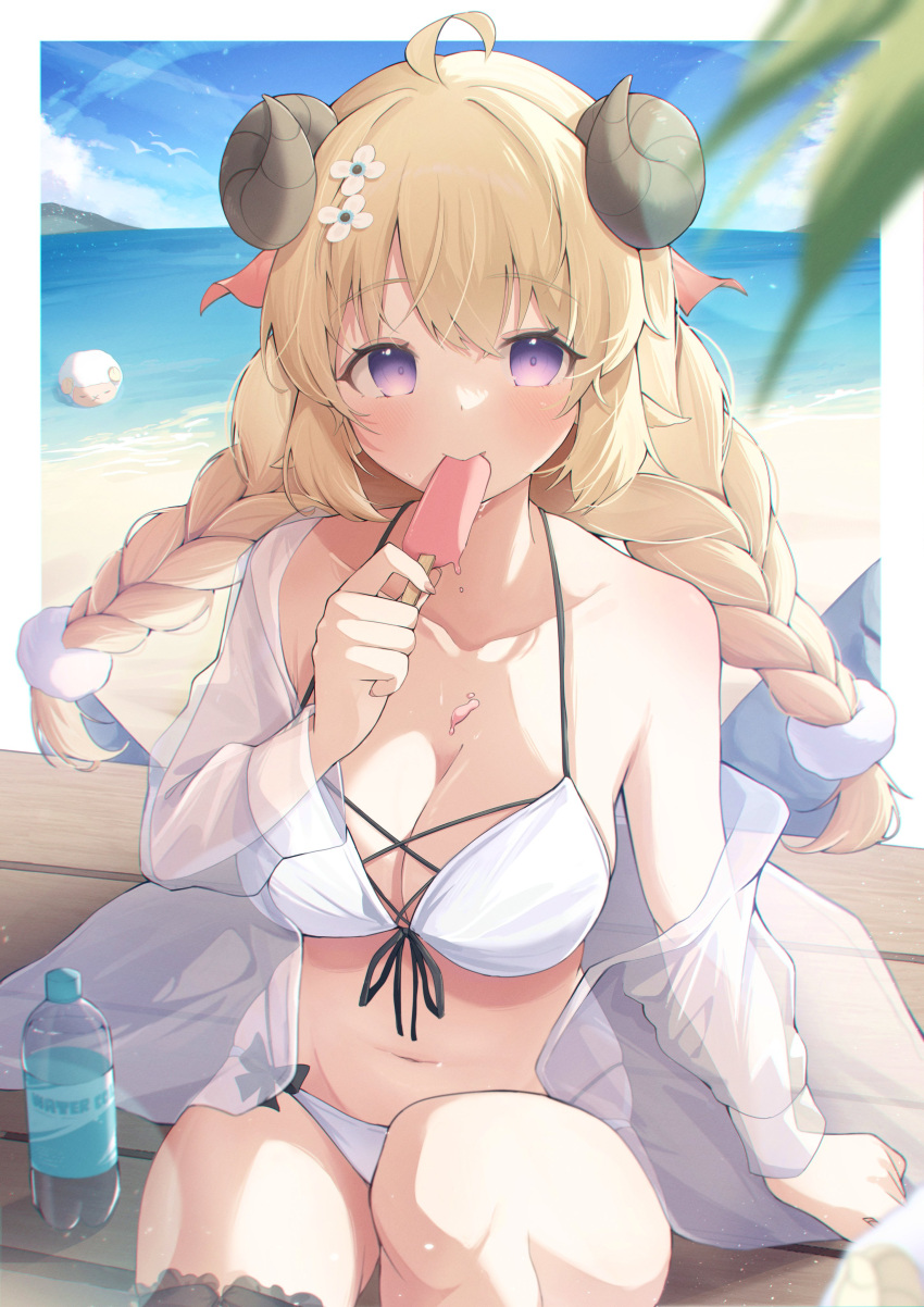 1girl absurdres ahoge alternate_costume beach bikini bird blonde_hair blue_sky blurry blurry_foreground blush bokeh bottle braid breasts cleavage closed_mouth cloud cloudy_sky collarbone commentary cross-laced_clothes day depth_of_field eat_some_cookie eating english_commentary feet_out_of_frame flower food front-tie_bikini_top front-tie_top hair_flower hair_ornament halterneck highres hololive horns jacket long_hair looking_at_viewer medium_breasts navel ocean open_clothes open_jacket outdoors pom_pom_(clothes) pom_pom_hair_ornament popsicle purple_eyes see-through see-through_jacket sheep sheep_girl sheep_horns sitting sky smile stomach swimsuit thigh_strap tsunomaki_watame twin_braids virtual_youtuber watamate water_bottle white_bikini white_jacket