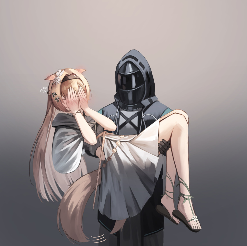 1girl 1other animal_ears arknights black_coat black_gloves blonde_hair blush carrying coat covering_face embarrassed full_body gloves gradient_background grey_background highres hood hood_up horn_(arknights) horn_(to_effloresce_whitely)_(arknights) kimsuwan2013 long_hair mask motion_lines official_alternate_costume open_clothes open_coat princess_carry sandals solo tail tail_wagging very_long_hair wolf_ears wolf_girl wolf_tail