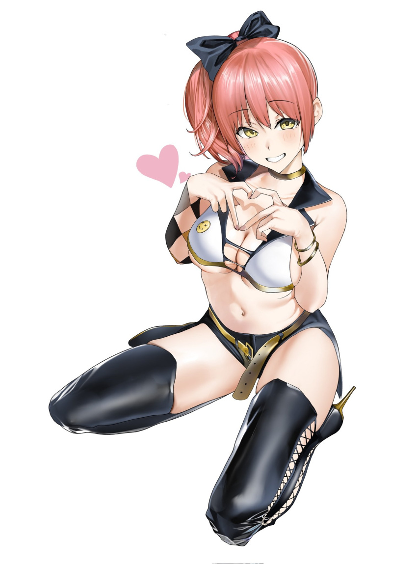 1girl asymmetrical_gloves bare_shoulders blush boots breasts cleavage collarbone gold_choker heart heart_hands high_heels highres idolmaster idolmaster_cinderella_girls jewelry jougasaki_mika looking_at_viewer medium_breasts navel open_mouth pink_hair ponytail saya_endo_(27) side_ponytail sitting smile smiley_face solo thigh_boots thighhighs underboob yellow_eyes