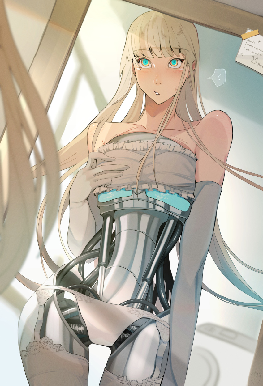 1girl absurdres android aqua_eyes blonde_hair blunt_bangs cable cropped_legs ecomoesty elbow_gloves garter_straps gloves highres indoors long_hair looking_at_mirror mechanical_parts mirror original panties robot_girl solo standing underwear very_long_hair white_gloves white_panties