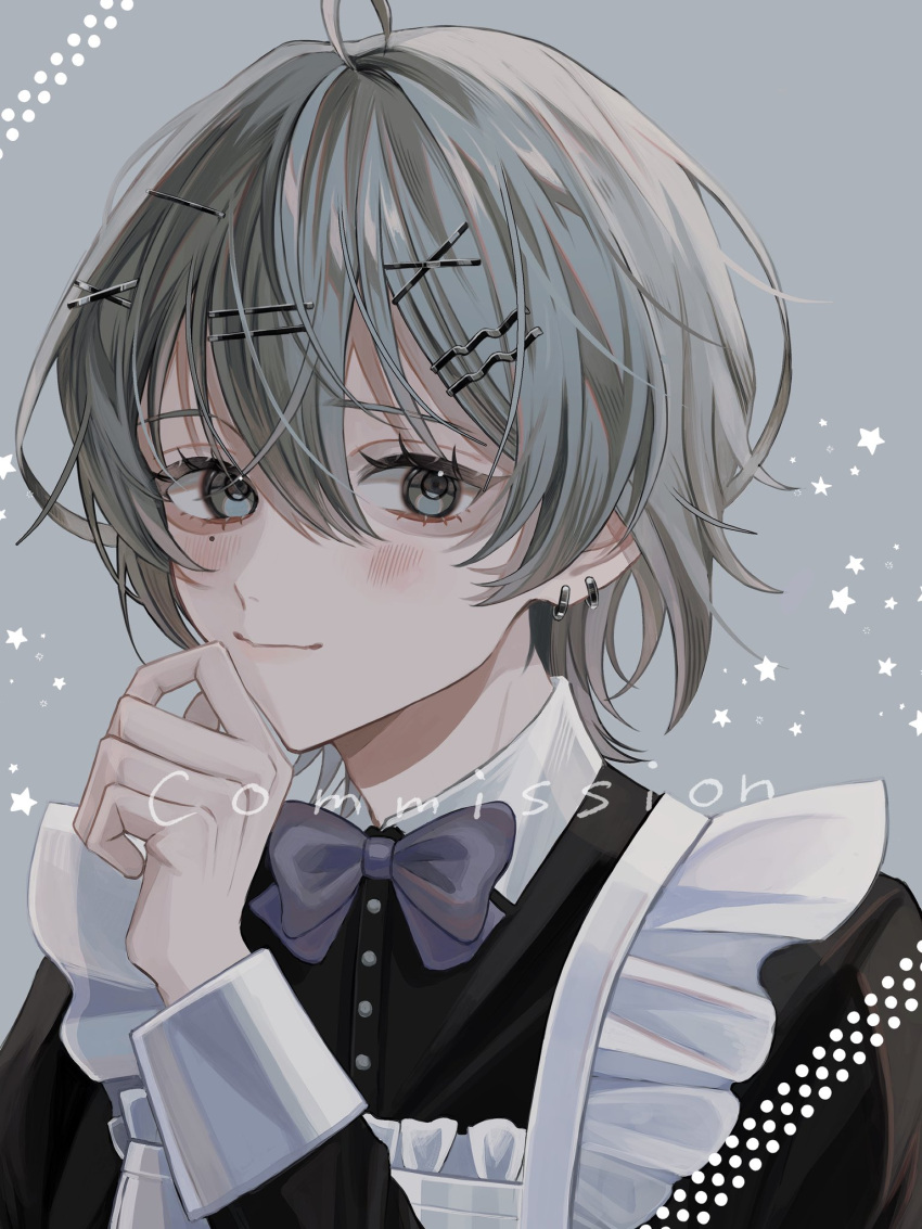 1boy ahoge blue_eyes blush commission earrings grey_hair hair_ornament hairclip highres jewelry long_sleeves looking_at_viewer maid male_focus mole mole_under_eye original short_hair smile solo sosaku_25 upper_body