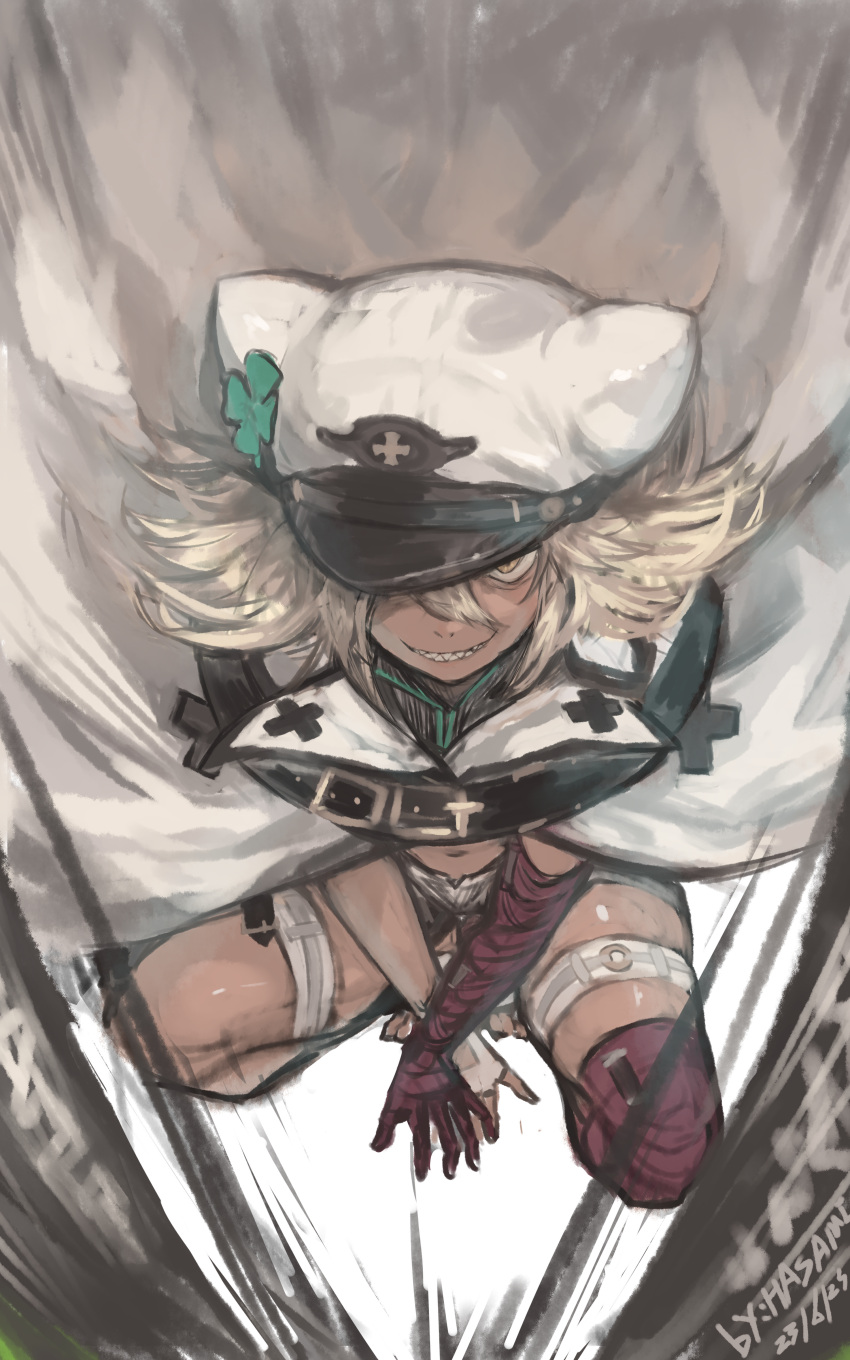 1girl absurdres artist_name bandages blonde_hair cape clover dark-skinned_female dark_skin dated evil_smile four-leaf_clover guilty_gear guilty_gear_strive hair_between_eyes hat hat_over_one_eye highres hua_ha_jiazi long_hair looking_at_viewer military_hat navel ramlethal_valentine sharp_teeth smile solo teeth thick_thighs thigh_strap thighs white_cape