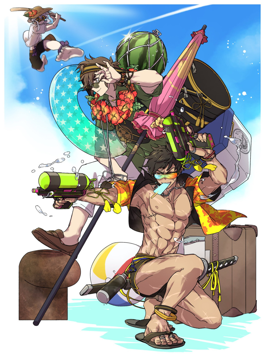 3boys abs adjusting_eyewear bara bare_pectorals barefoot black_male_swimwear character_request cyp1a2 doudanuki_masakuni flip-flops flower flower_necklace food food_in_mouth fruit hawaiian_shirt highres holding holding_water_gun holding_weapon innertube jewelry large_pectorals male_focus male_swimwear multiple_boys muscular muscular_male navel necklace nipples open_clothes open_shirt otegine pants pectorals popsicle sandals scar scar_on_face scar_on_nose sheath sheathed shirt sunglasses sword touken_ranbu water water_gun watermelon weapon white_pants wooden_sword