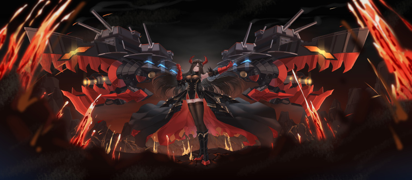 1girl absurdres artillery azur_lane bare_shoulders black_dress black_footwear black_hair black_thighhighs boots breasts buttons double-breasted dress floating_hair friedrich_der_grosse_(azur_lane) from_below full_body gloves gold_trim hair_over_one_eye highres horns jfzm001 large_breasts long_hair looking_at_viewer mechanical_horns molten_rock non-humanoid_robot red_gloves red_horns rigging robot robot_animal smile standing thighhighs turret very_long_hair yellow_eyes zettai_ryouiki