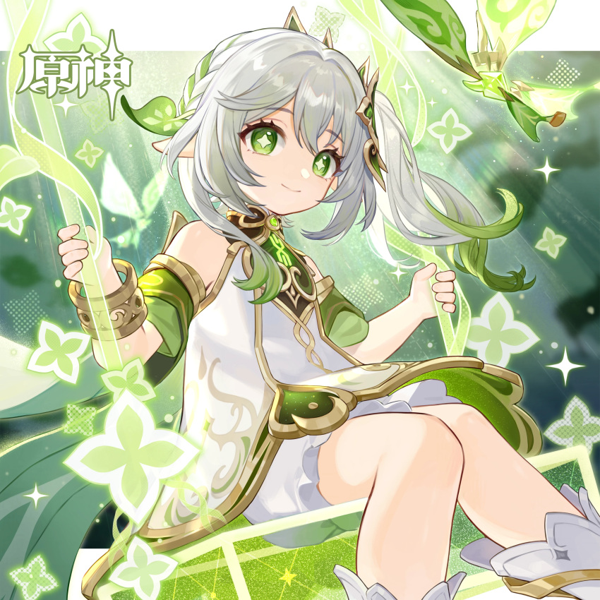 0_0 1girl absurdres bare_shoulders bloomers closed_mouth commentary_request copyright_name dress feet_out_of_frame genshin_impact green_eyes green_hair grey_hair hair_between_eyes highres knees_together_feet_apart looking_at_viewer multicolored_hair nahida_(genshin_impact) official_art sitting sleeveless sleeveless_dress smile solo swing two-tone_hair white_bloomers white_dress
