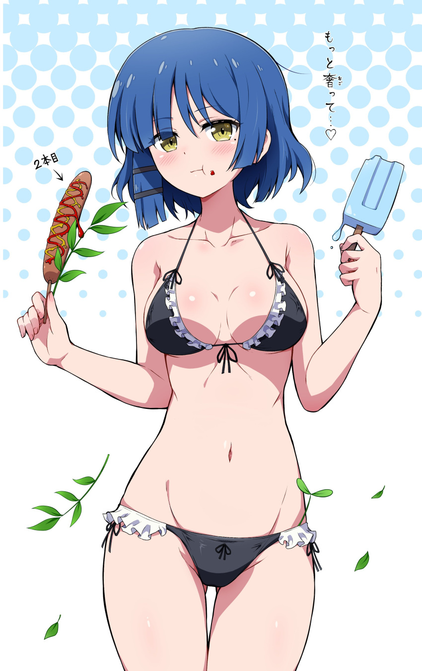 1girl :o absurdres bare_arms bikini black_bikini blue_hair blunt_ends blush bocchi_the_rock! breasts cleavage closed_mouth collarbone commentary corn_dog cowboy_shot eating eggman_(pixiv28975023) food frilled_bikini frills highres holding holding_food ketchup leaf long_hair medium_breasts mole mole_under_eye navel popsicle short_hair simple_background solo standing swimsuit textless_version white_background yamada_ryo yellow_eyes