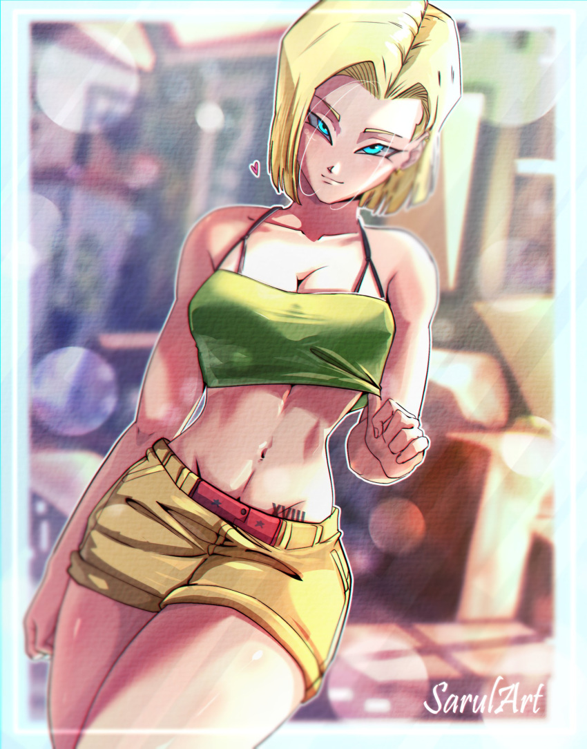 1girl absurdres android_18 artist_name blonde_hair blue_eyes blurry breasts camisole cleavage commentary cosplay crop_top dragon_ball dragon_ball_(classic) dragon_ball_z dutch_angle green_camisole groin heart highres large_breasts lunch_(dragon_ball) lunch_(dragon_ball)_(cosplay) midriff navel number_tattoo sarulart shirt_tug short_shorts shorts smile solo symbol-only_commentary tattoo yellow_shorts