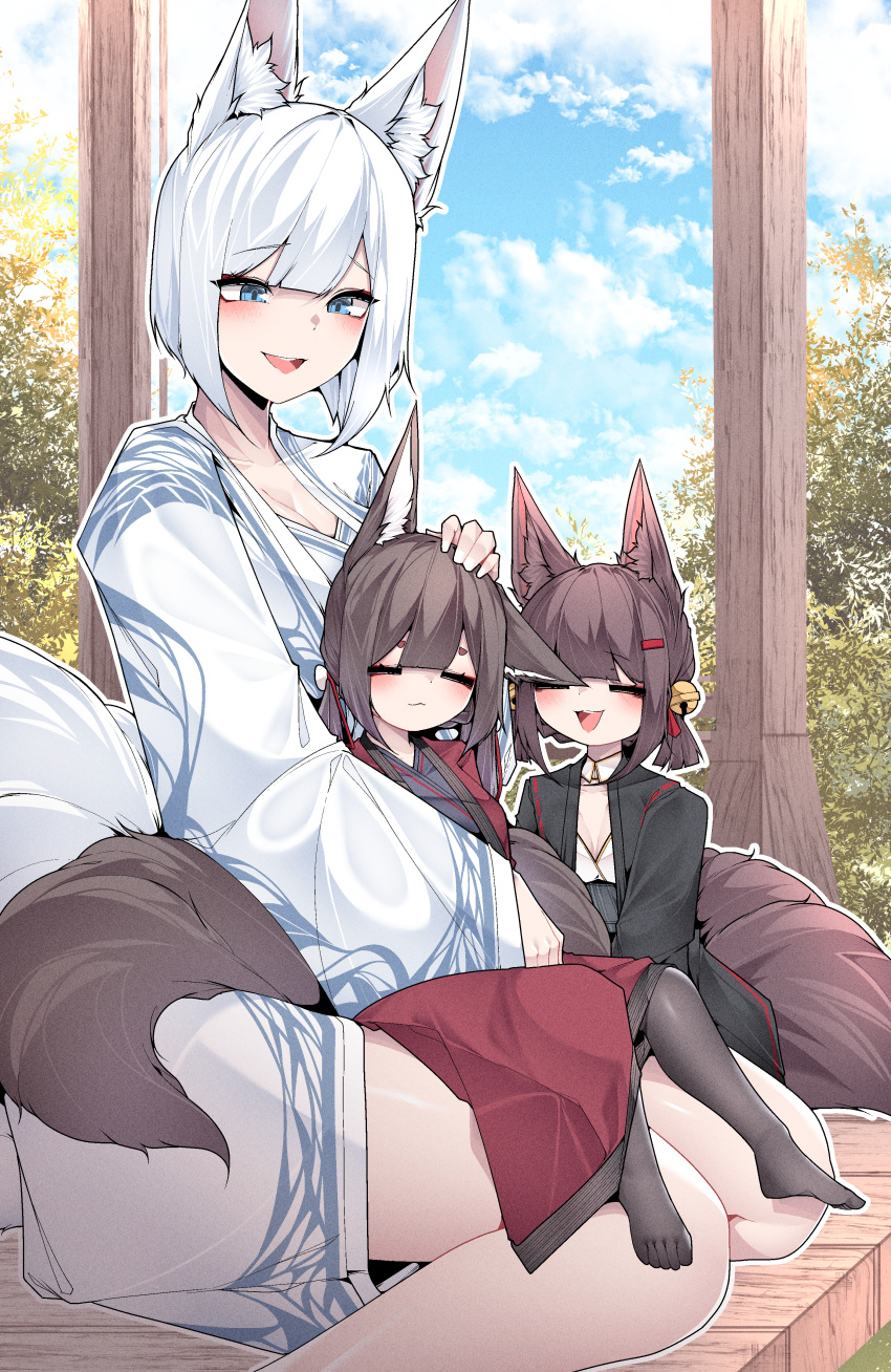 3girls :d =_= absurdres akagi-chan_(azur_lane) amagi-chan_(azur_lane) animal_ears azur_lane bare_legs bell black_kimono blue_eyes blush brown_hair closed_eyes day eyeshadow facing_viewer fox_ears fox_girl fox_tail full_body hair_bell hair_ornament hairclip hand_on_another's_head hand_up happy headpat highres hug hug_from_behind japanese_clothes kaga_(azur_lane) kimono kitsune long_sleeves looking_at_another looking_down makeup medium_hair multiple_girls multiple_tails outdoors red_eyeshadow red_kimono samip short_hair sitting sitting_on_person sitting_on_thigh slit_pupils smile tail teeth thighhighs thighs upper_teeth_only white_hair white_kimono wide_sleeves