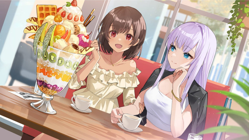 2girls :d alexandra_viktorovna_dashkova bare_shoulders black_jacket blazer blue_eyes blush brown_hair closed_mouth commentary commentary_request crop_top cup dark-skinned_female dark_skin english_commentary food frilled_shirt frills fruit highres holding holding_cup indoors jacket long_hair melon melon_slice multiple_girls nima_(niru54) open_clothes open_jacket open_mouth original parfait plate pocky purple_hair red_eyes second-party_source sharifah_ozdil shirt short_hair sitting smile strawberry teacup waffle yellow_shirt